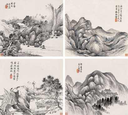 吴滔 丙子（1876）年作 拟各家山水 册页（五开选四）